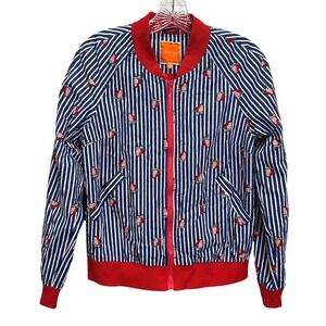 ModCloth Womens Mixer Shaker Strawberry Striped Bomber Jacket Medium